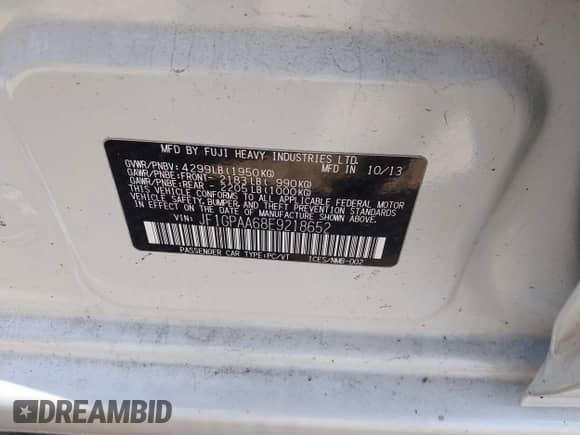 2014 Subaru Impreza 2.0i with VIN JF1GPAA68E9218652, listed as a IAAI auction lot 41889848 with 107,657 mi miles and . Bid and sale history available at DreamBid. Image 9.