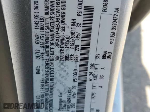 2012 Ford Fiesta SE с VIN 3FADP4BJ6CM169991, выставлен на аукционе Copart как лот 81459255 с пробегом 19 614 миль миль и Списание • Salvage title. История ставок и продаж доступна на DreamBid. Изображение 12.