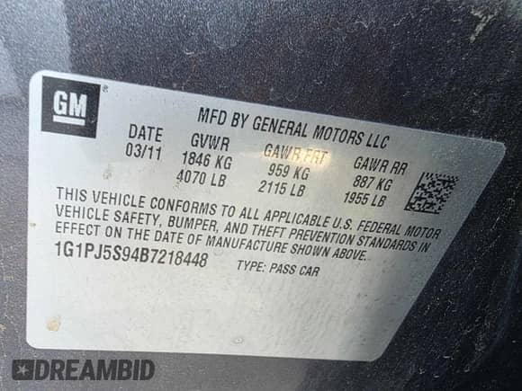 2011 Chevrolet Cruze ECO 1XF с VIN 1G1PJ5S94B7218448, выставлен на аукционе Copart как лот 84367285 с пробегом 133 741 миль миль и Чистый • Clean title. История ставок и продаж доступна на DreamBid. Изображение 10.