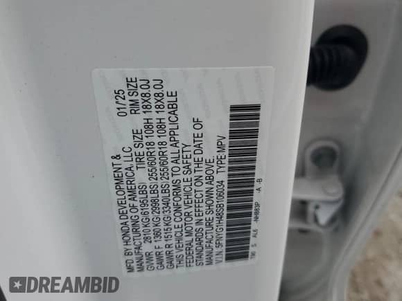 2025 Honda Pilot EX-L с VIN 5FNYG1H48SB106034, выставлен на аукционе Copart как лот 66805655 с пробегом 6 147 миль миль и Списание • Salvage title. История ставок и продаж доступна на DreamBid. Изображение 12.