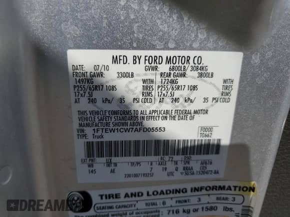 2010 Ford F-150 XL with VIN 1FTEW1CW7AFD05553, listed as a Copart auction lot 68662455 with Not provided miles and Salvage title. Bid and sale history available at DreamBid. Image 12.