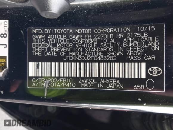 2015 Toyota Prius Two with VIN JTDKN3DU2F0483282, listed as a IAAI auction lot 43336853 with 181,325 mi miles and . Bid and sale history available at DreamBid. Image 9.