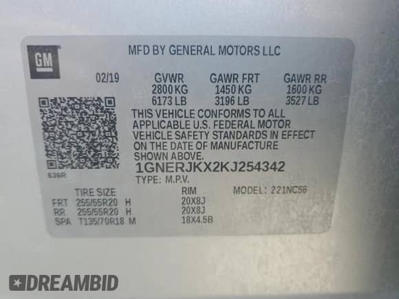 2019 Chevrolet Traverse RS with VIN 1GNERJKX2KJ254342, listed as a Copart auction lot 68999255 with 95,951 mi miles and Salvage title. Bid and sale history available at DreamBid. Image 14.