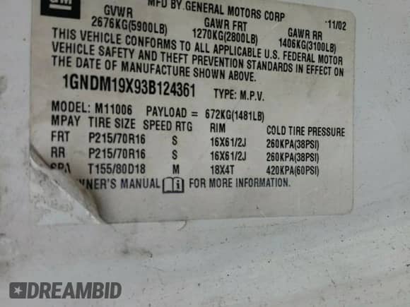 2003 Chevrolet Astro z VIN 1GNDM19X93B124361, wystawiony jako Copart lot #48821115 z przebiegiem 220 554 mil mil oraz Czysty tytuł • Clean title. Historia ofert i sprzedaży dostępna na DreamBid. Obrazek 13.
