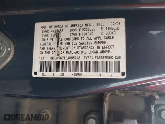 2006 Honda Accord EX with VIN 1HGCM56716A095448, listed as a IAAI auction lot 42457982 with 231,707 mi miles and . Bid and sale history available at DreamBid. Image 9.