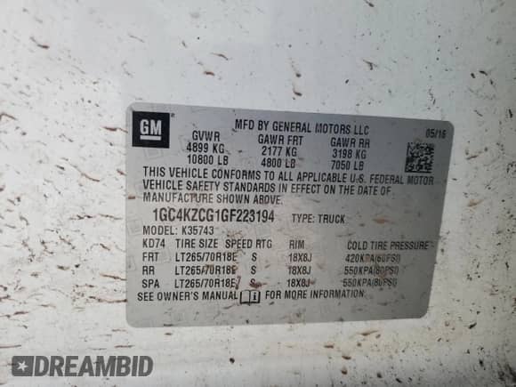 2016 Chevrolet Silverado 3500HD LT with VIN 1GC4KZCG1GF223194, listed as a Copart auction lot 62069865 with 156,261 mi miles and Salvage title. Bid and sale history available at DreamBid. Image 12.