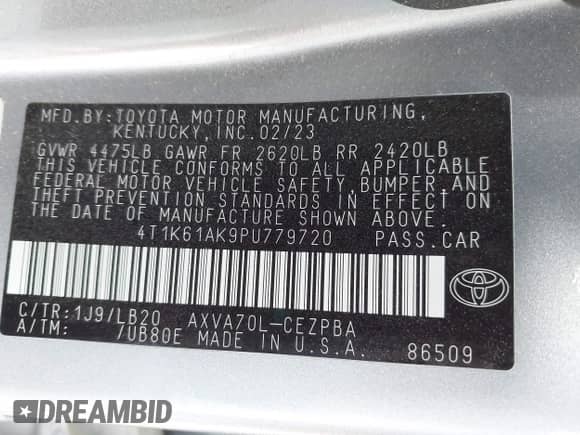 2023 Toyota Camry XSE with VIN 4T1K61AK9PU779720, listed as a IAAI auction lot 41961765 with 30,354 mi miles and . Bid and sale history available at DreamBid. Image 9.