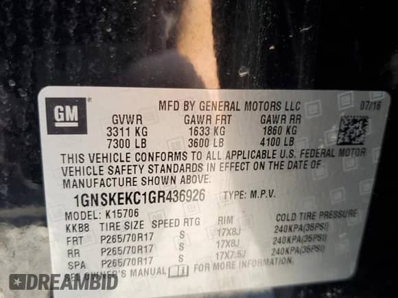 2016 Chevrolet Tahoe z VIN 1GNSKEKC1GR436926, wystawiony jako Copart lot #63383045 z przebiegiem Nie podano mil oraz Nie do naprawy • Non repairable. Historia ofert i sprzedaży dostępna na DreamBid. Obrazek 14.