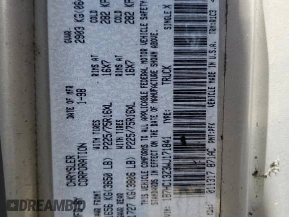 1998 Dodge 1500 с VIN 1B7HC13Z3WJ171841, выставлен на аукционе Copart как лот 59764174 с пробегом Не указан миль и На запчасти • Non repairable. История ставок и продаж доступна на DreamBid. Изображение 12.