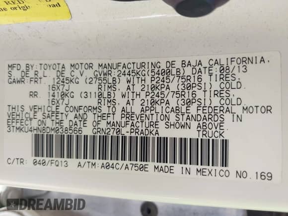 2013 Toyota Tacoma PreRunner with VIN 3TMKU4HN8DM038566, listed as a IAAI auction lot 41296386 with 153,240 mi miles and . Bid and sale history available at DreamBid. Image 9.