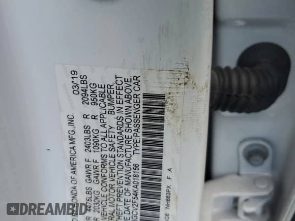 2019 Honda Accord EX-L с VIN 1HGCV2F54KA018156, выставлен на аукционе Copart как лот 80684815 с пробегом 67 292 миль миль и Списание • Salvage title. История ставок и продаж доступна на DreamBid. Изображение 13.