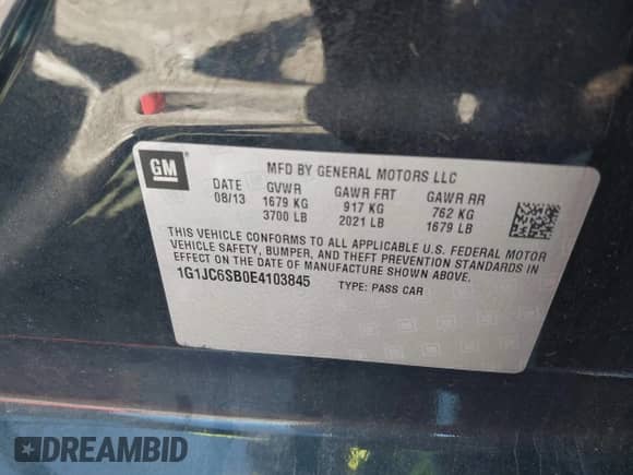 2014 Chevrolet Sonic LT с VIN 1G1JC6SB0E4103845, выставлен на аукционе IAAI как лот 43319338 с пробегом 60 767 миль миль и . История ставок и продаж доступна на DreamBid. Изображение 9.