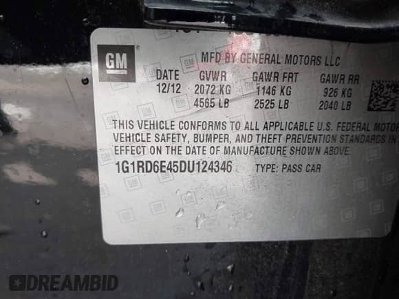 2013 Chevrolet Volt с VIN 1G1RD6E45DU124346, выставлен на аукционе IAAI как лот 43336400 с пробегом 316 716 миль миль и . История ставок и продаж доступна на DreamBid. Изображение 9.