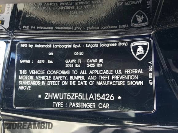 2020 Lamborghini Huracan with VIN ZHWUT5ZF5LLA15426, listed as a Copart auction lot 51598505 with Not provided miles and Salvage title. Bid and sale history available at DreamBid. Image 12.