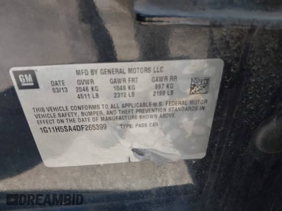 2013 Chevrolet Malibu LTZ с VIN 1G11H5SA4DF265399, выставлен на аукционе IAAI как лот 43092399 с пробегом 250 000 миль миль и . История ставок и продаж доступна на DreamBid. Изображение 9.