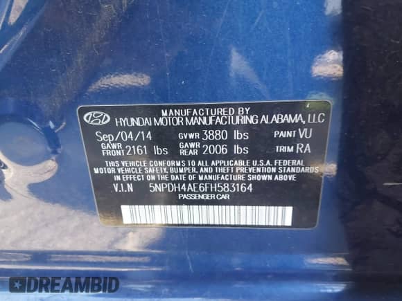 2015 Hyundai Elantra SE with VIN 5NPDH4AE6FH583164, listed as a IAAI auction lot 43449153 with 117,324 mi miles and . Bid and sale history available at DreamBid. Image 9.