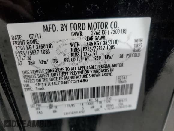 2011 Ford F-150 FX4 с VIN 1FTFX1EF9BFC31486, выставлен на аукционе Copart как лот 82576035 с пробегом 270 388 миль миль и Списание • Salvage title. История ставок и продаж доступна на DreamBid. Изображение 12.