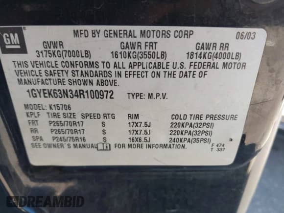 2004 Cadillac Escalade z VIN 1GYEK63N34R100972, wystawiony jako IAAI lot #43374595 z przebiegiem 210 527 mil mil oraz . Historia ofert i sprzedaży dostępna na DreamBid. Obrazek 9.
