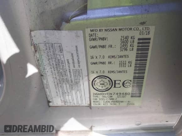 2018 Nissan Frontier SV z VIN 1N6AD0EV4JN749480, wystawiony jako IAAI lot #41892549 z przebiegiem 115 414 mil mil oraz . Historia ofert i sprzedaży dostępna na DreamBid. Obrazek 9.