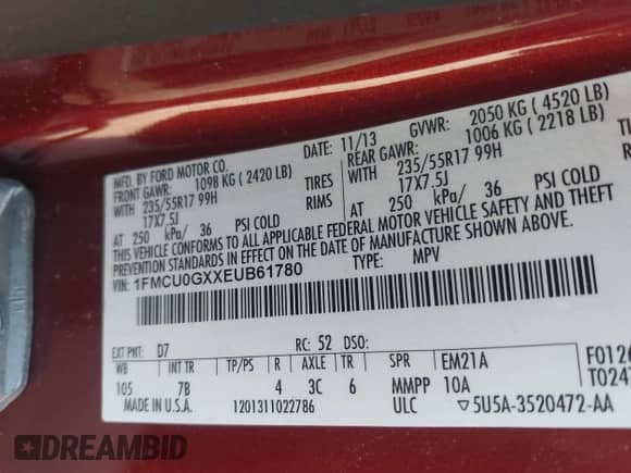 2014 Ford Escape SE z VIN 1FMCU0GXXEUB61780, wystawiony jako IAAI lot #43366305 z przebiegiem 91 541 mil mil oraz . Historia ofert i sprzedaży dostępna na DreamBid. Obrazek 9.