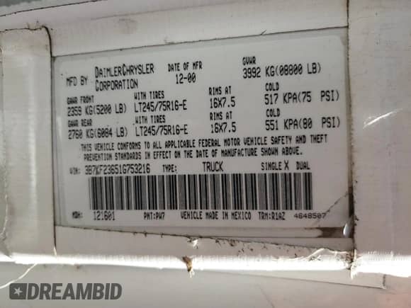 2001 Dodge 2500 с VIN 3B7KF23651G753216, выставлен на аукционе Copart как лот 61576315 с пробегом 204 202 миль миль и Чистый • Clean title. История ставок и продаж доступна на DreamBid. Изображение 12.