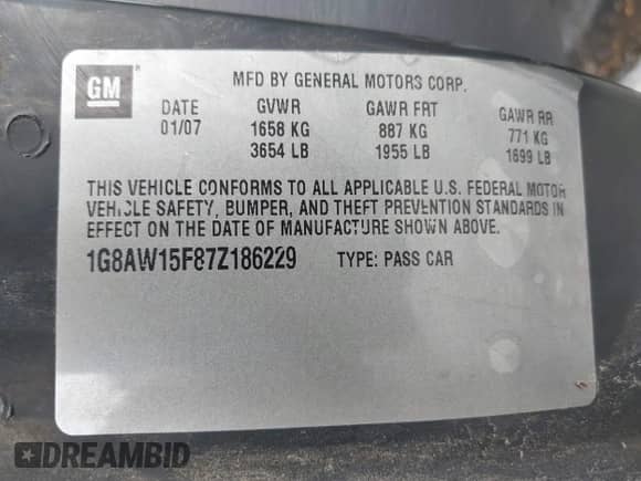 2007 Saturn ION ION 3 with VIN 1G8AW15F87Z186229, listed as a IAAI auction lot 42512778 with Not provided miles and . Bid and sale history available at DreamBid. Image 9.