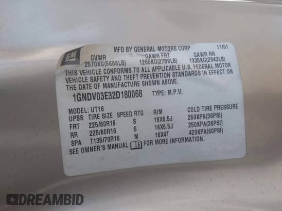 2002 Chevrolet Venture с VIN 1GNDV03E32D180068, выставлен на аукционе IAAI как лот 43175201 с пробегом 130 204 миль миль и . История ставок и продаж доступна на DreamBid. Изображение 9.