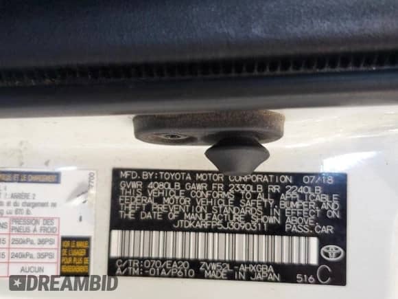 2018 Toyota Prius Plus with VIN JTDKARFP5J3090311, listed as a Copart auction lot 68870305 with 169,191 mi miles and Salvage title. Bid and sale history available at DreamBid. Image 12.