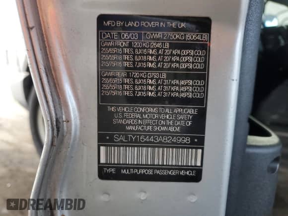 2003 Land Rover Discovery SE с VIN SALTY16443A824998, выставлен на аукционе Copart как лот 86298865 с пробегом 149 504 миль миль и Чистый • Clean title. История ставок и продаж доступна на DreamBid. Изображение 12.