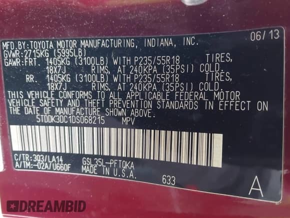 2013 Toyota Sienna XLE с VIN 5TDDK3DC1DS068215, выставлен на аукционе IAAI как лот 41610737 с пробегом 168 186 миль миль и . История ставок и продаж доступна на DreamBid. Изображение 9.