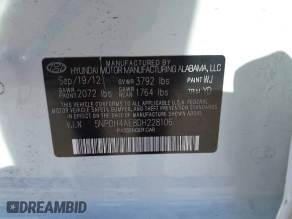 2013 Hyundai Elantra GLS z VIN 5NPDH4AE8DH228106, wystawiony jako IAAI lot #43281561 z przebiegiem 151 924 mil mil oraz . Historia ofert i sprzedaży dostępna na DreamBid. Obrazek 9.