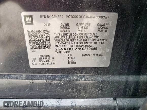 2019 Chevrolet Equinox LT with VIN 2GNAXKEV7K6272448, listed as a Copart auction lot 81733365 with 147,132 mi miles and Salvage title. Bid and sale history available at DreamBid. Image 14.