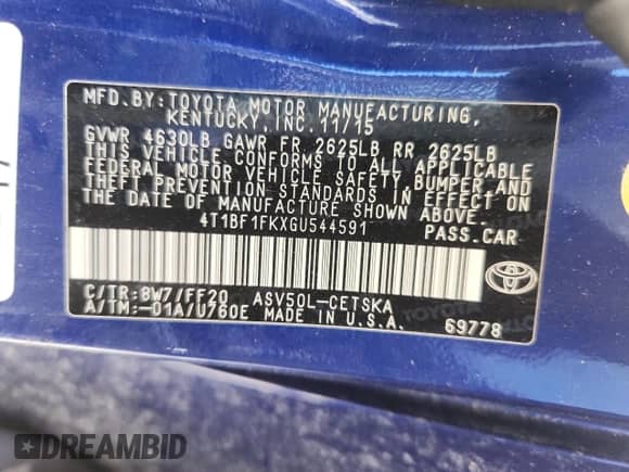 2016 Toyota Camry XLE with VIN 4T1BF1FKXGU544591, listed as a Copart auction lot 86813875 with Not provided miles and Clean title. Bid and sale history available at DreamBid. Image 12.