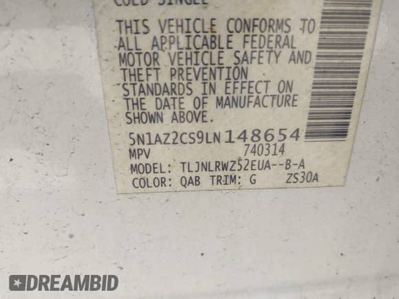2020 Nissan Murano SL with VIN 5N1AZ2CS9LN148654, listed as a IAAI auction lot 43123109 with 62,469 mi miles and . Bid and sale history available at DreamBid. Image 9.