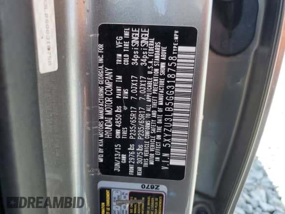 2016 Hyundai Santa Fe with VIN 5XYZU3LB5GG318758, listed as a Copart auction lot 69958475 with 167,424 mi miles and Salvage title. Bid and sale history available at DreamBid. Image 13.