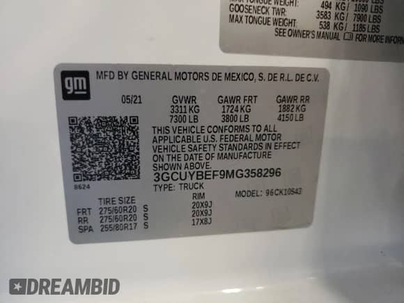 2021 Chevrolet Silverado 1500 Custom with VIN 3GCUYBEF9MG358296, listed as a Copart auction lot 80343915 with 96,255 mi miles and Salvage title. Bid and sale history available at DreamBid. Image 12.