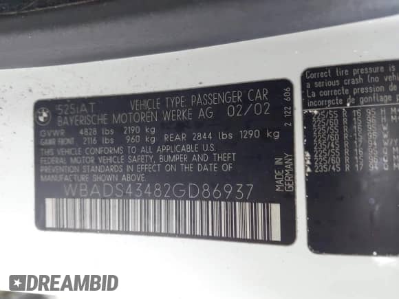 2002 BMW 5 Series 525i с VIN WBADS43482GD86937, выставлен на аукционе IAAI как лот 41940547 с пробегом 196 458 миль миль и . История ставок и продаж доступна на DreamBid. Изображение 9.