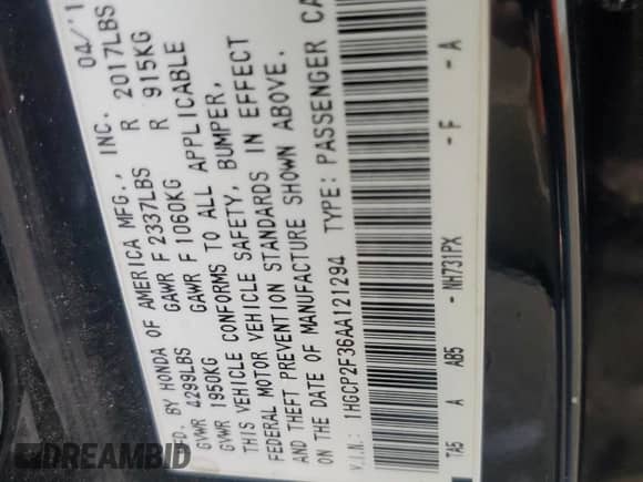 2010 Honda Accord LX with VIN 1HGCP2F36AA121294, listed as a Copart auction lot 82102905 with 215,279 mi miles and Salvage title. Bid and sale history available at DreamBid. Image 12.