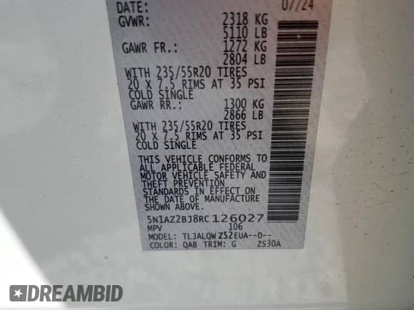 2024 Nissan Murano SV с VIN 5N1AZ2BJ8RC126027, выставлен на аукционе Copart как лот 57654835 с пробегом 21 451 миль миль и Списание • Salvage title. История ставок и продаж доступна на DreamBid. Изображение 14.