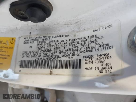 2002 Toyota Highlander с VIN JTEHF21A520060570, выставлен на аукционе IAAI как лот 42668576 с пробегом 277 043 миль миль и . История ставок и продаж доступна на DreamBid. Изображение 9.