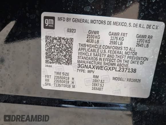 2023 Chevrolet Equinox RS with VIN 3GNAXWEGXPL237138, listed as a IAAI auction lot 42257175 with 26,605 mi miles and . Bid and sale history available at DreamBid. Image 9.