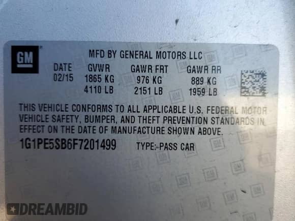 2015 Chevrolet Cruze LT with VIN 1G1PE5SB6F7201499, listed as a Copart auction lot 80032115 with 125,073 mi miles and Salvage title. Bid and sale history available at DreamBid. Image 12.