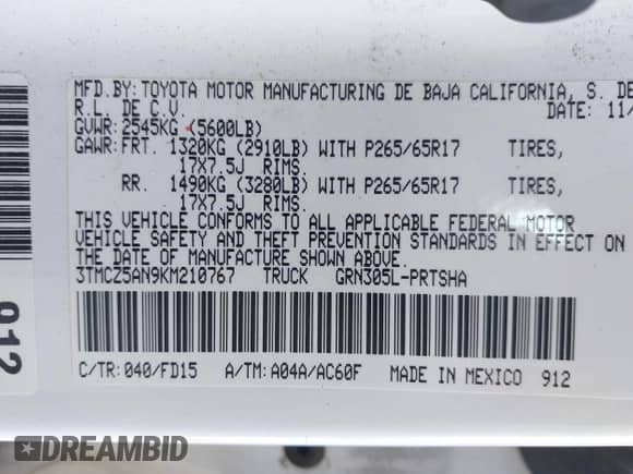 2019 Toyota Tacoma SR с VIN 3TMCZ5AN9KM210767, выставлен на аукционе IAAI как лот 43363140 с пробегом 119 947 миль миль и . История ставок и продаж доступна на DreamBid. Изображение 9.