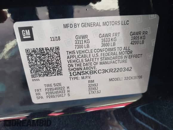 2019 Chevrolet Tahoe LT с VIN 1GNSKBKC3KR220342, выставлен на аукционе IAAI как лот 42822685 с пробегом 77 599 миль миль и . История ставок и продаж доступна на DreamBid. Изображение 9.