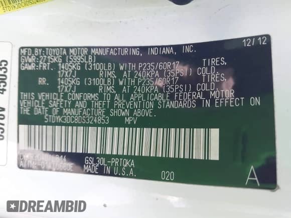 2013 Toyota Sienna XLE AAS with VIN 5TDYK3DC8DS324853, listed as a IAAI auction lot 41647704 with 143,656 mi miles and . Bid and sale history available at DreamBid. Image 9.