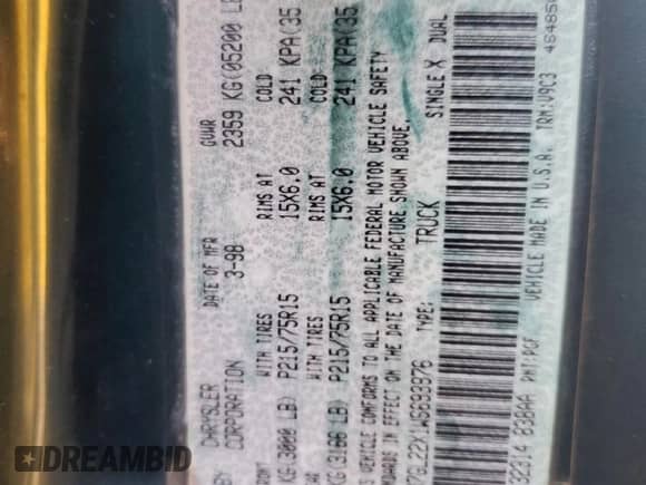 1998 Dodge Dakota SLT with VIN 1B7GL22X1WS693976, listed as a Copart auction lot 80073765 with 142,655 mi miles and Salvage title. Bid and sale history available at DreamBid. Image 13.