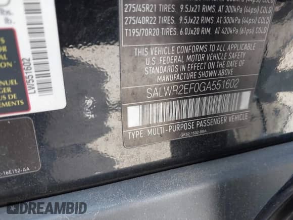 2016 Land Rover Range Rover Sport Dynamic with VIN SALWR2EF0GA551602, listed as a IAAI auction lot 42721957 with 85,694 mi miles and . Bid and sale history available at DreamBid. Image 9.