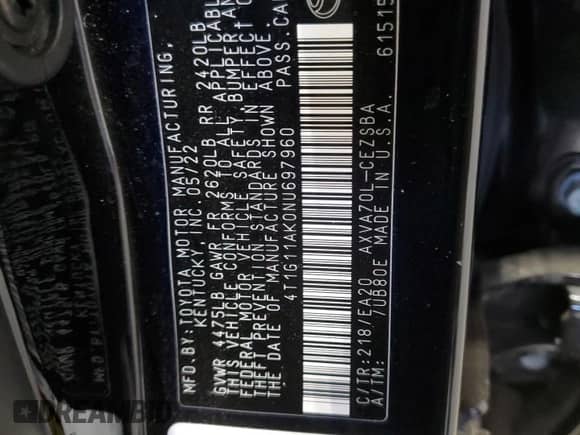 2022 Toyota Camry SE с VIN 4T1G11AK0NU697960, выставлен на аукционе Copart как лот 90143175 с пробегом Не указан миль и Чистый • Clean title. История ставок и продаж доступна на DreamBid. Изображение 12.