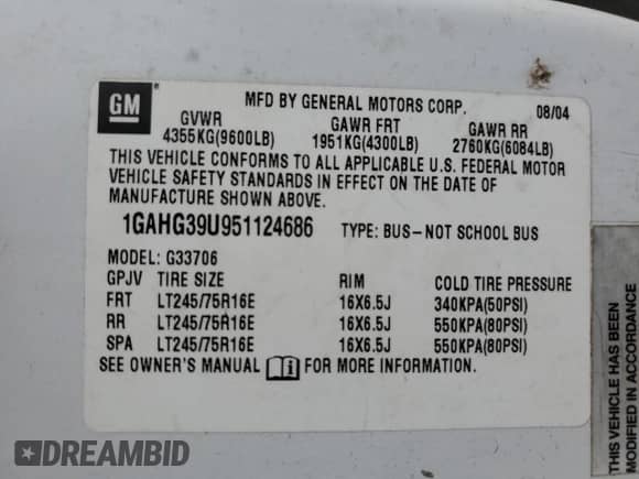 2005 Chevrolet Express Passenger с VIN 1GAHG39U951124686, выставлен на аукционе Copart как лот 51789775 с пробегом 118 617 миль миль и Списание • Salvage title. История ставок и продаж доступна на DreamBid. Изображение 13.