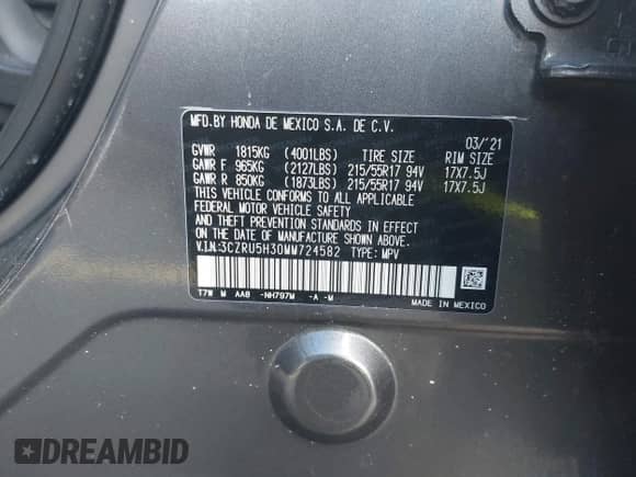 2021 Honda HR-V LX с VIN 3CZRU5H30MM724582, выставлен на аукционе IAAI как лот 43287807 с пробегом 87 594 миль миль и . История ставок и продаж доступна на DreamBid. Изображение 9.